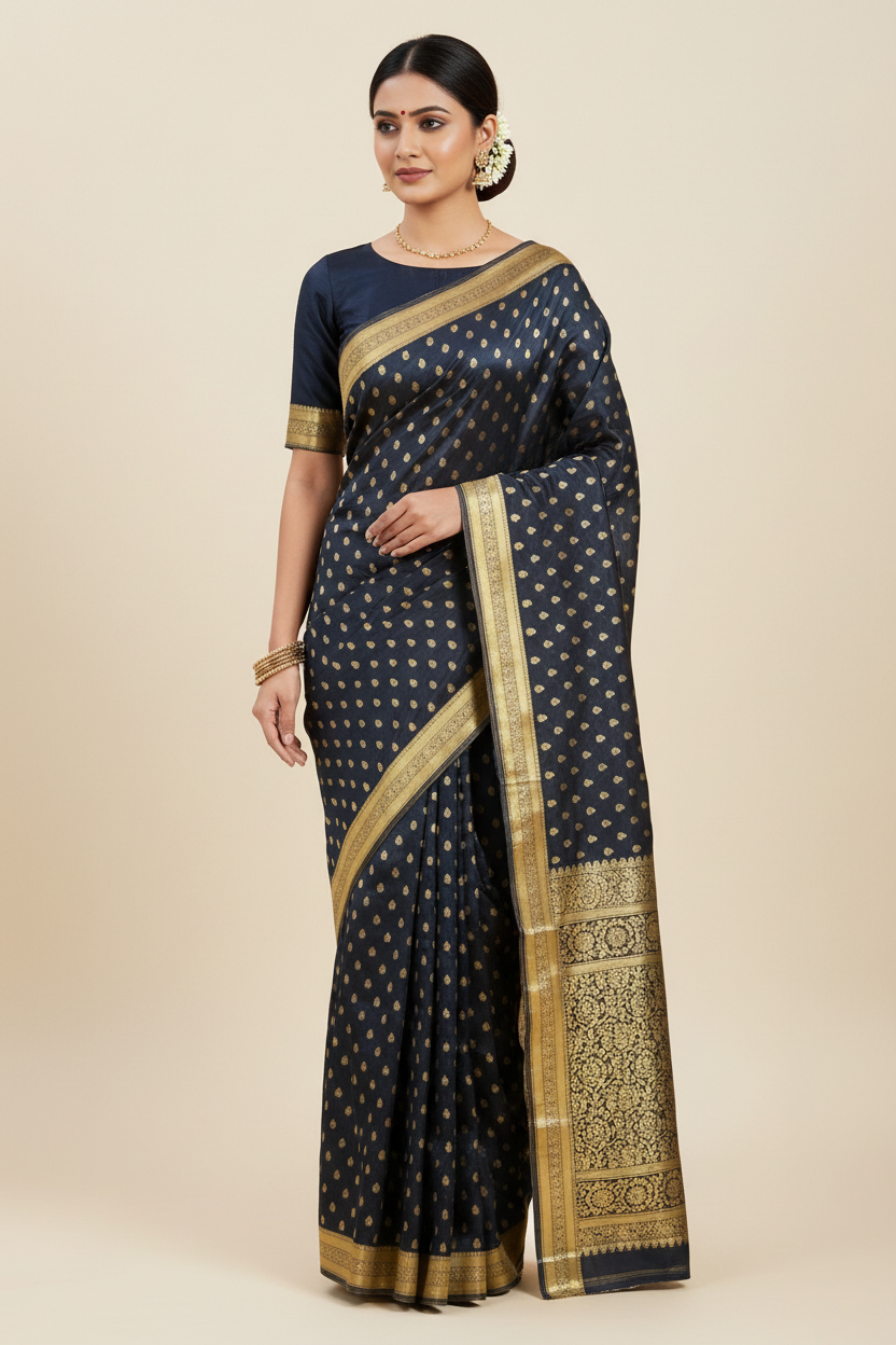 Black small leaf motif Soft Silk Saree