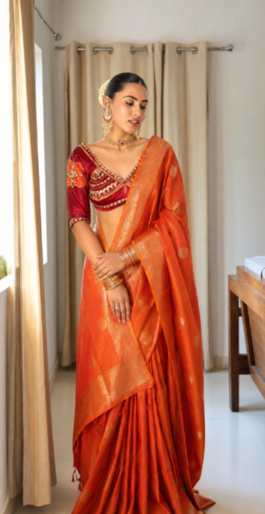 Orange ethnic motif Soft Silk Saree