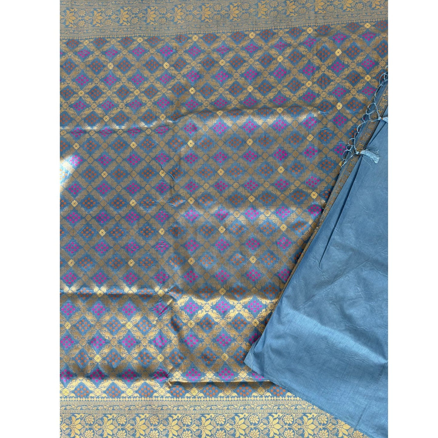 Blue Checked benarasi soft silk saree