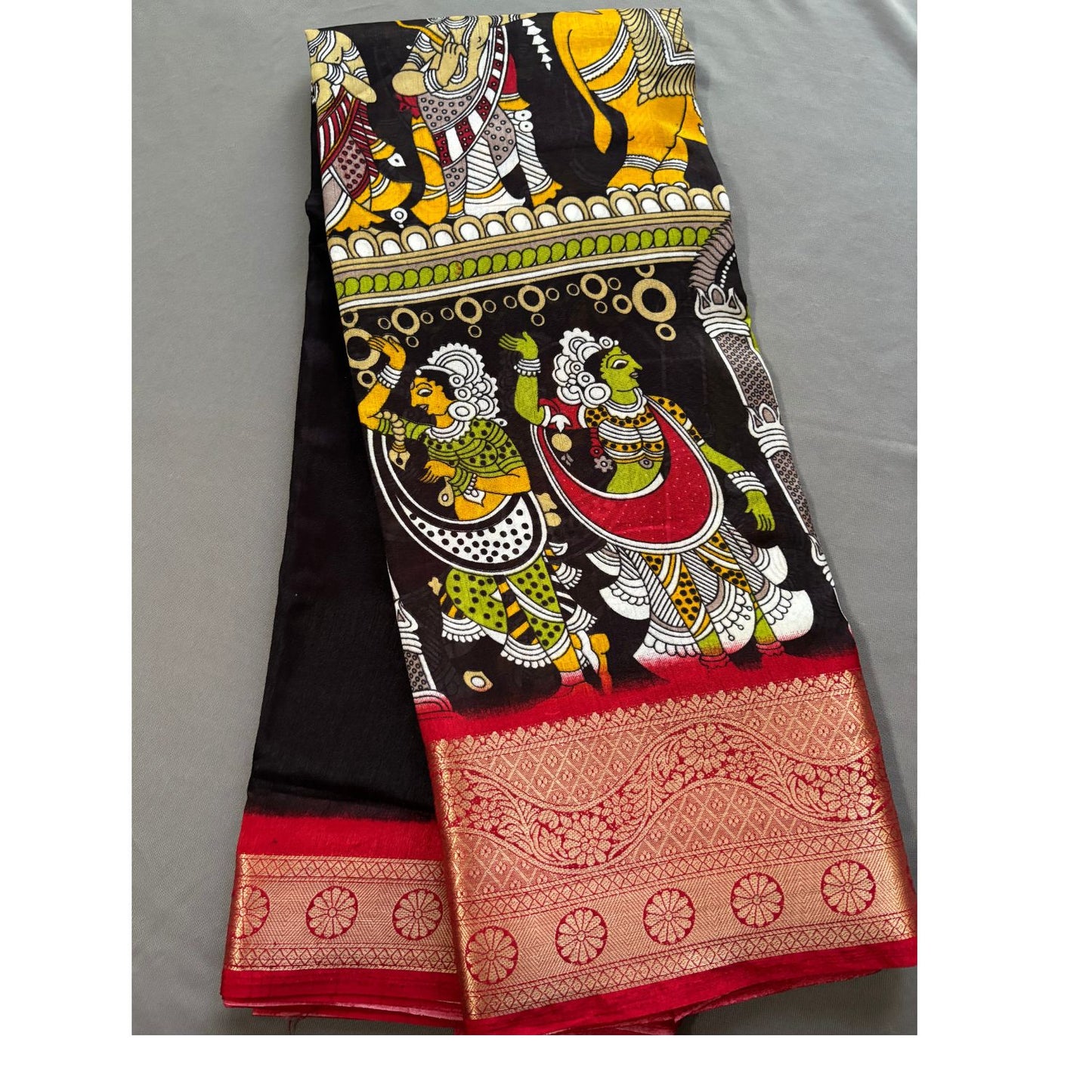 Black Kalamkari Dola Silk Saree