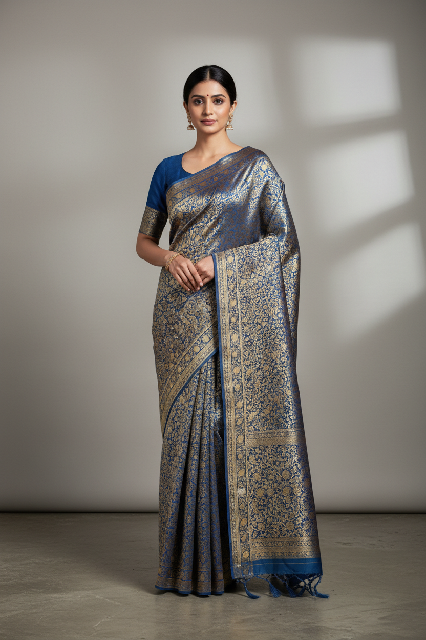 Blue benarasi soft silk saree