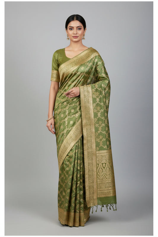 Green Rich Sheen Checks Floral jal Silk Saree