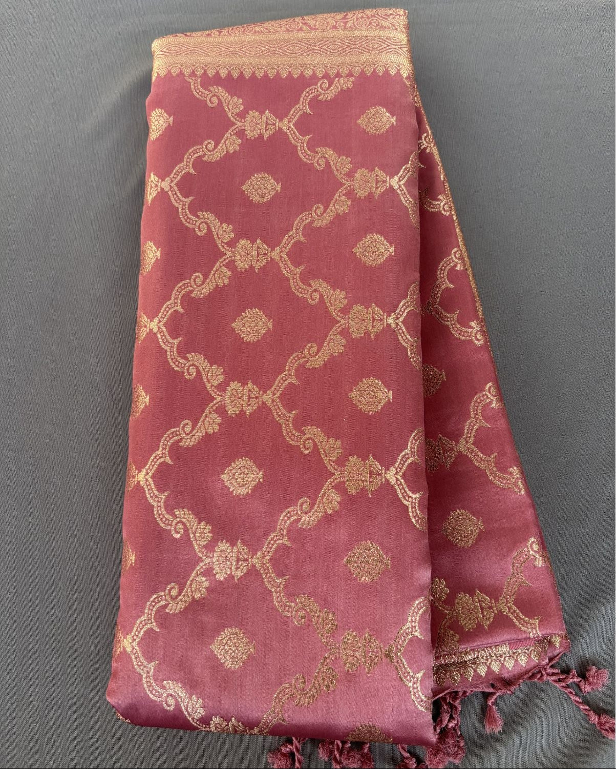 Onion Brown Rich Sheen Checks Floral jal Silk Saree