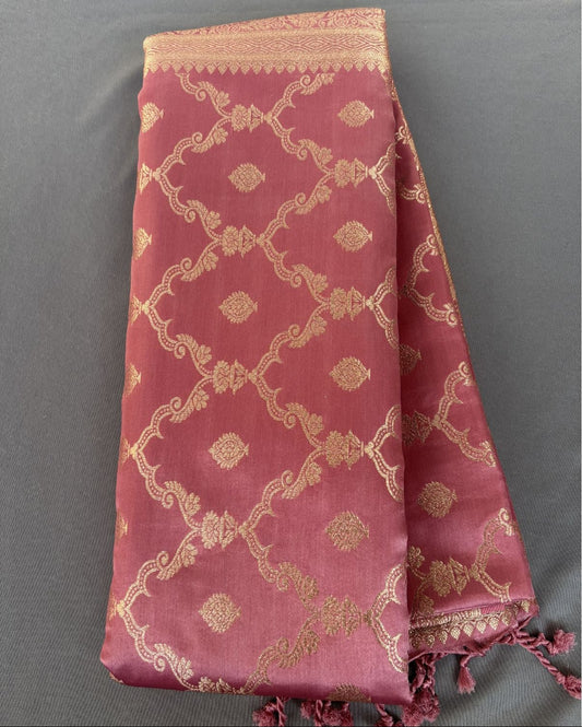 Onion Brown Rich Sheen Checks Floral jal Silk Saree