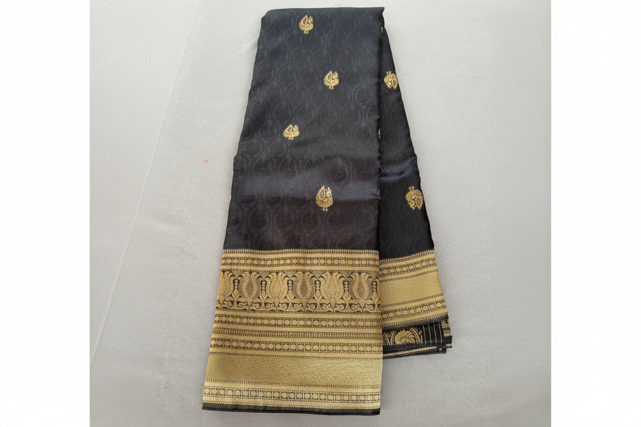 Black bird motif Silk Saree
