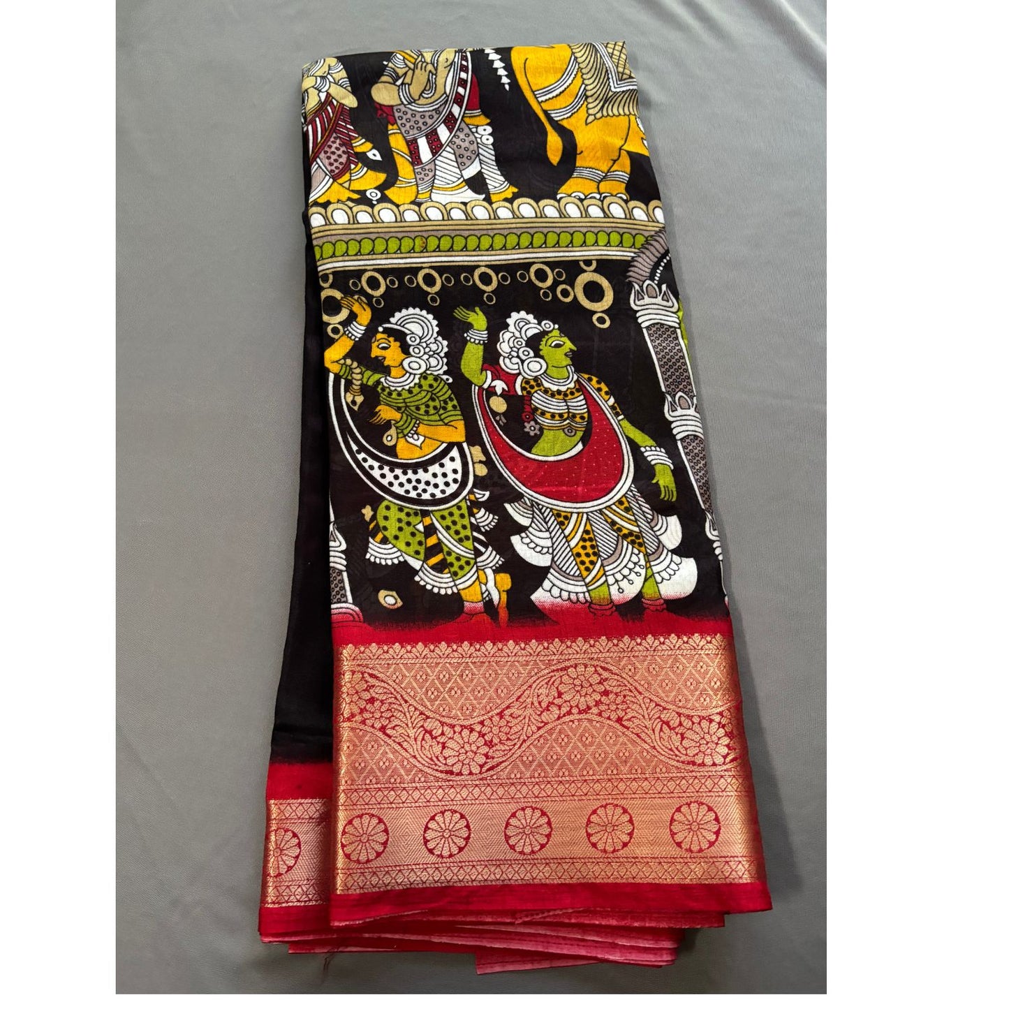 Black Kalamkari Dola Silk Saree