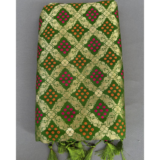 Green Checked benarasi soft silk saree