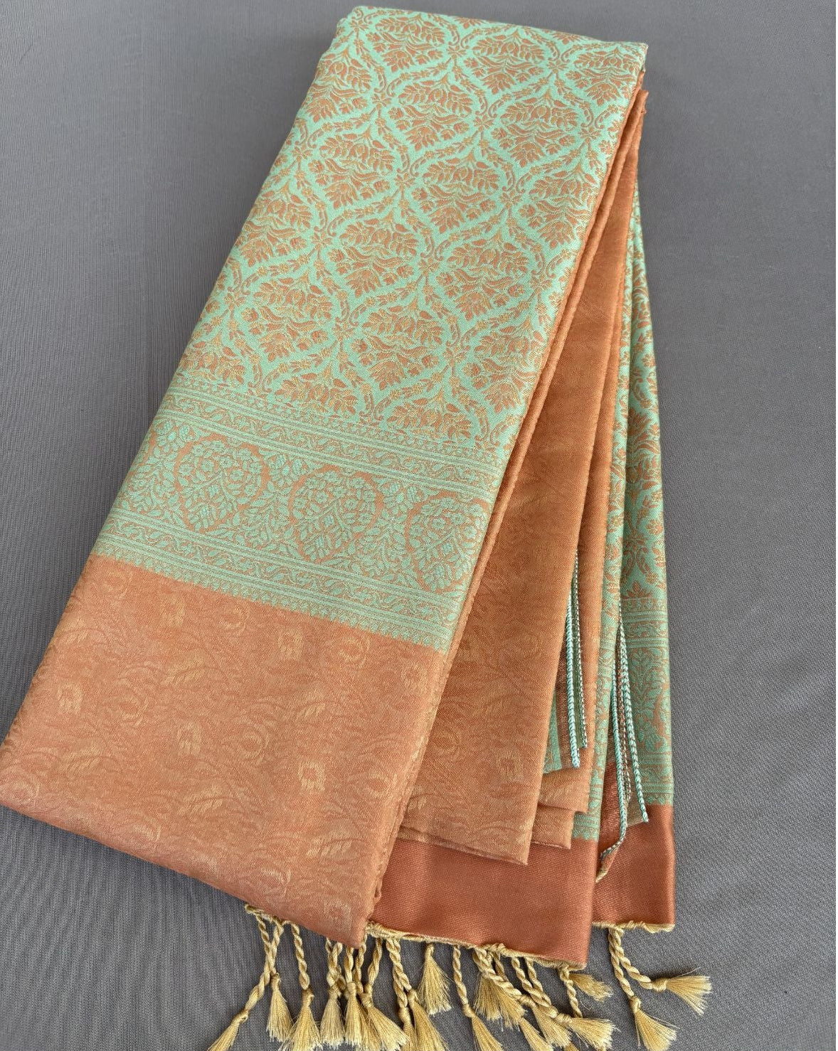 Onion Brown and Pista Green floral jal Soft Silk Saree