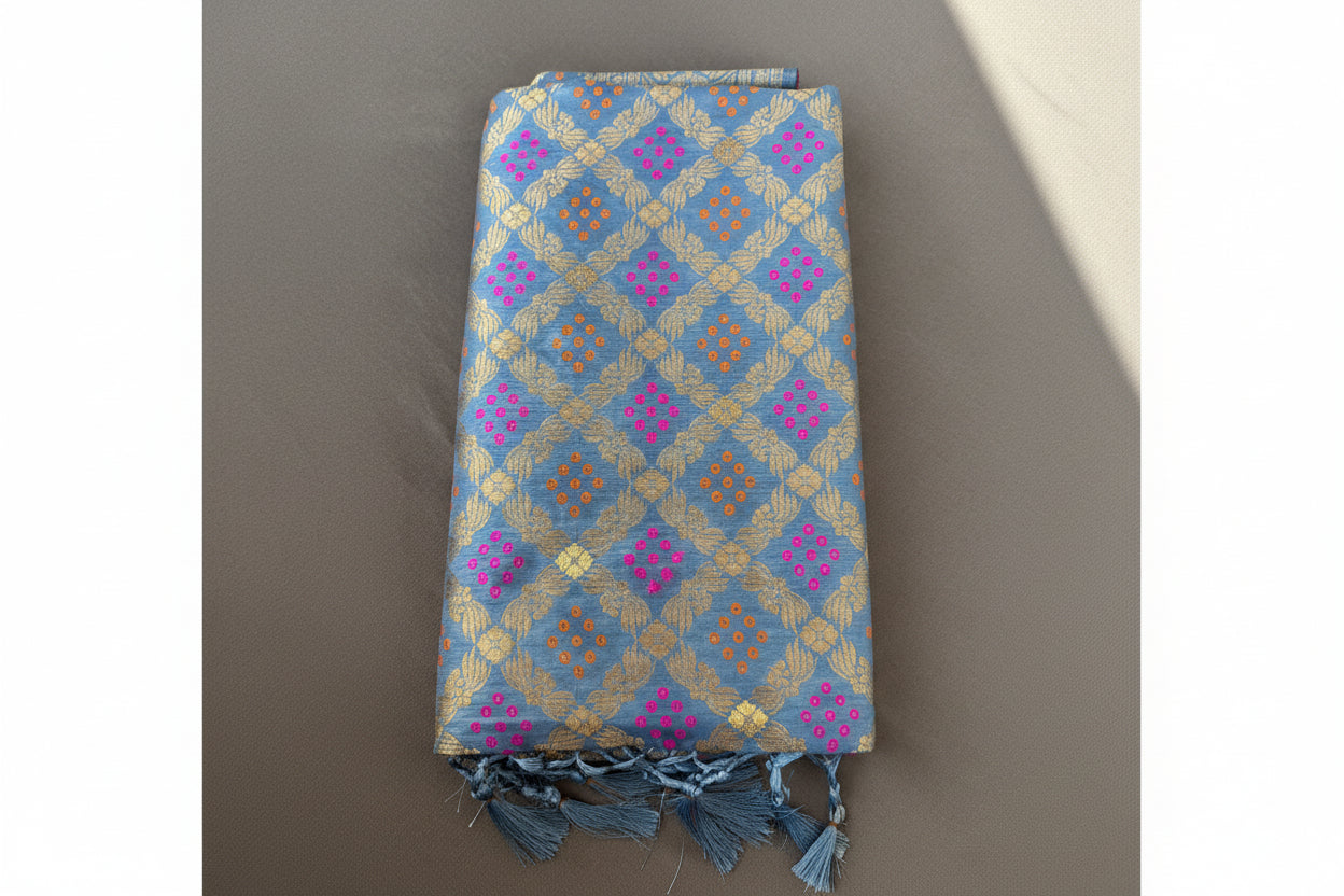 Blue Checked benarasi soft silk saree
