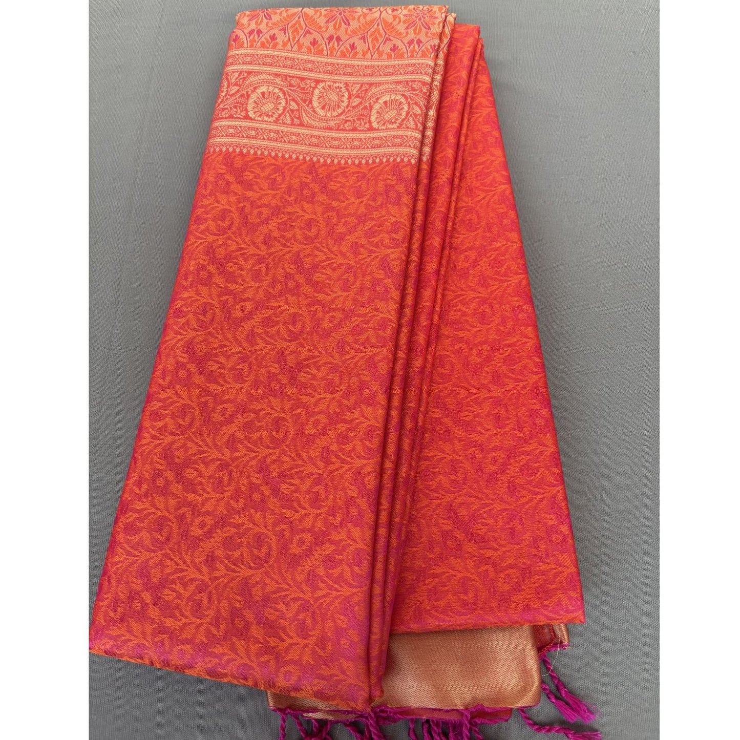 Pink-Orange Floral jal Soft Silk Saree