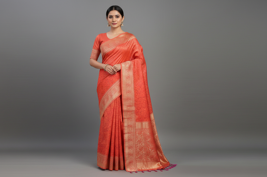 Pink-Orange Floral jal Soft Silk Saree