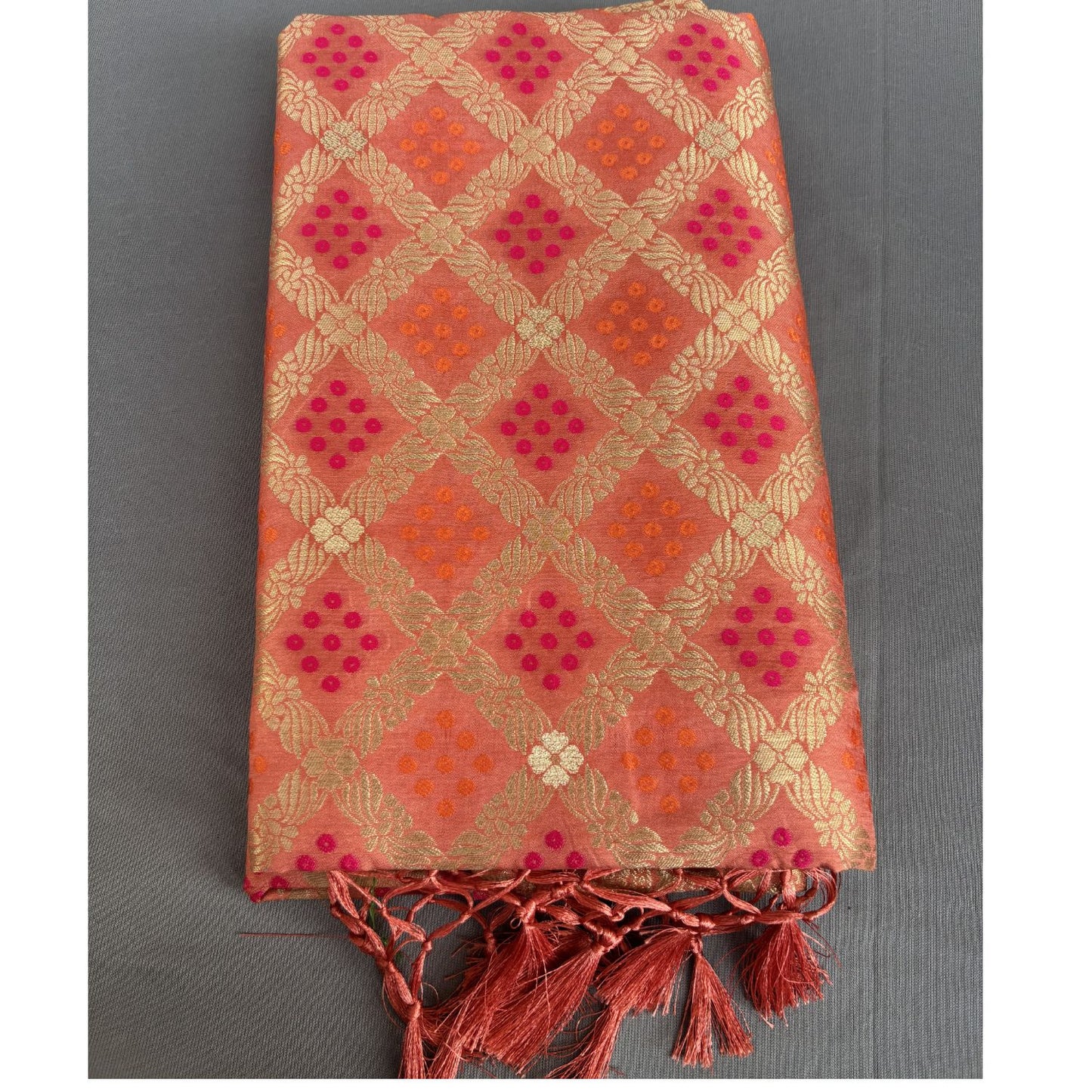 Orange Checked benarasi soft silk saree