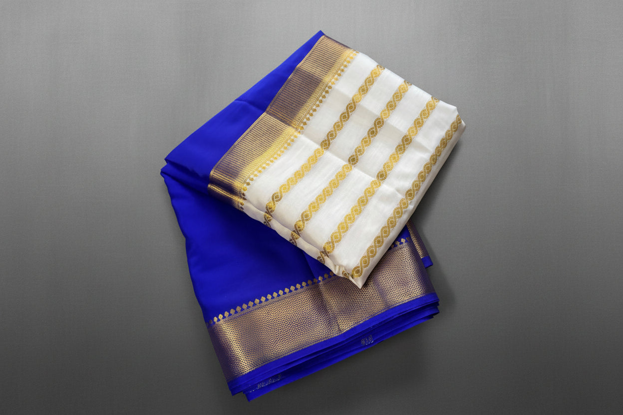 Royal blue and White Mysore Silk Saree