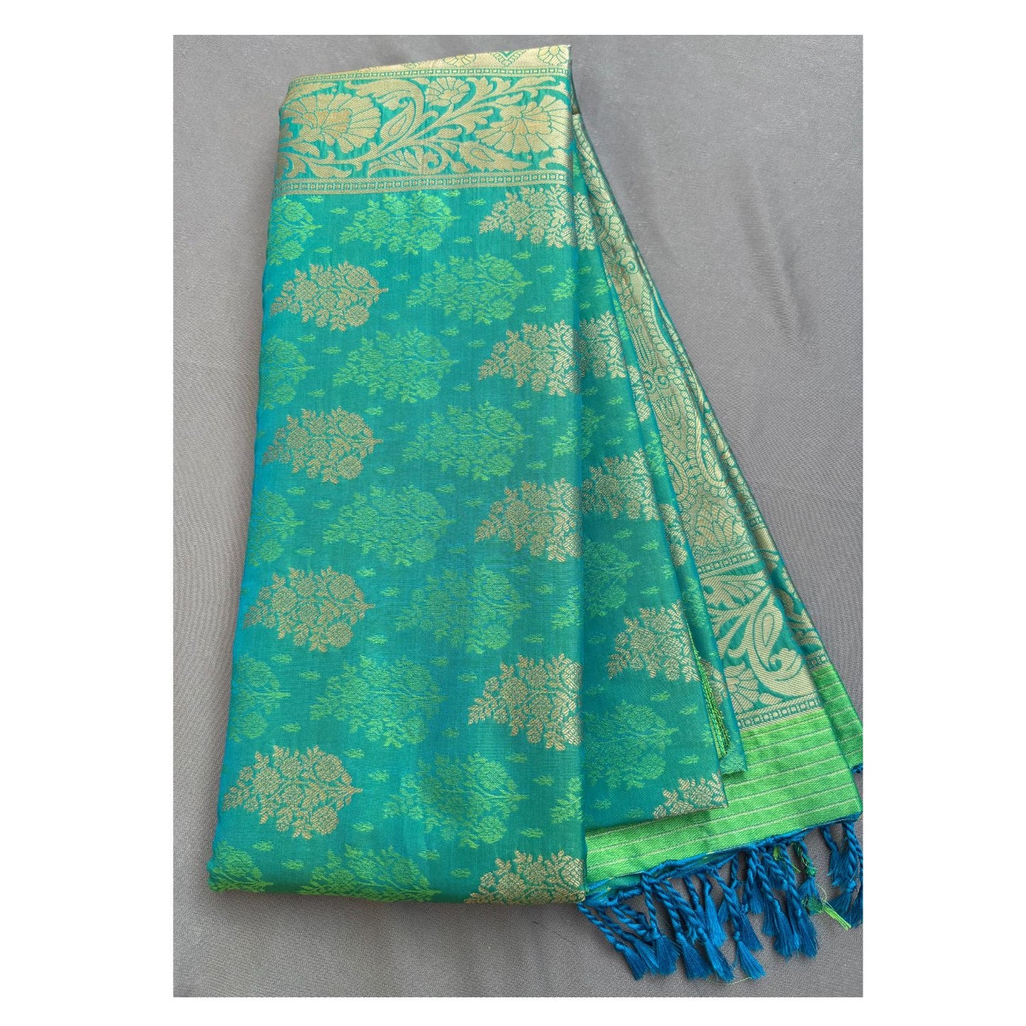 Blue- Green ethnic Leaf motif Soft Silk Saree