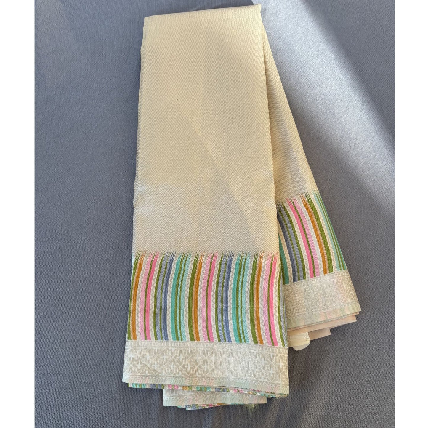 Ivory with Rainbow border  Kanjeevaram Silk Saree