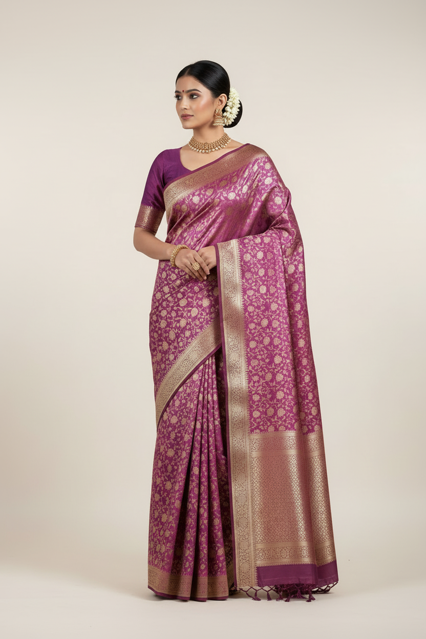 Purple benarasi soft silk saree