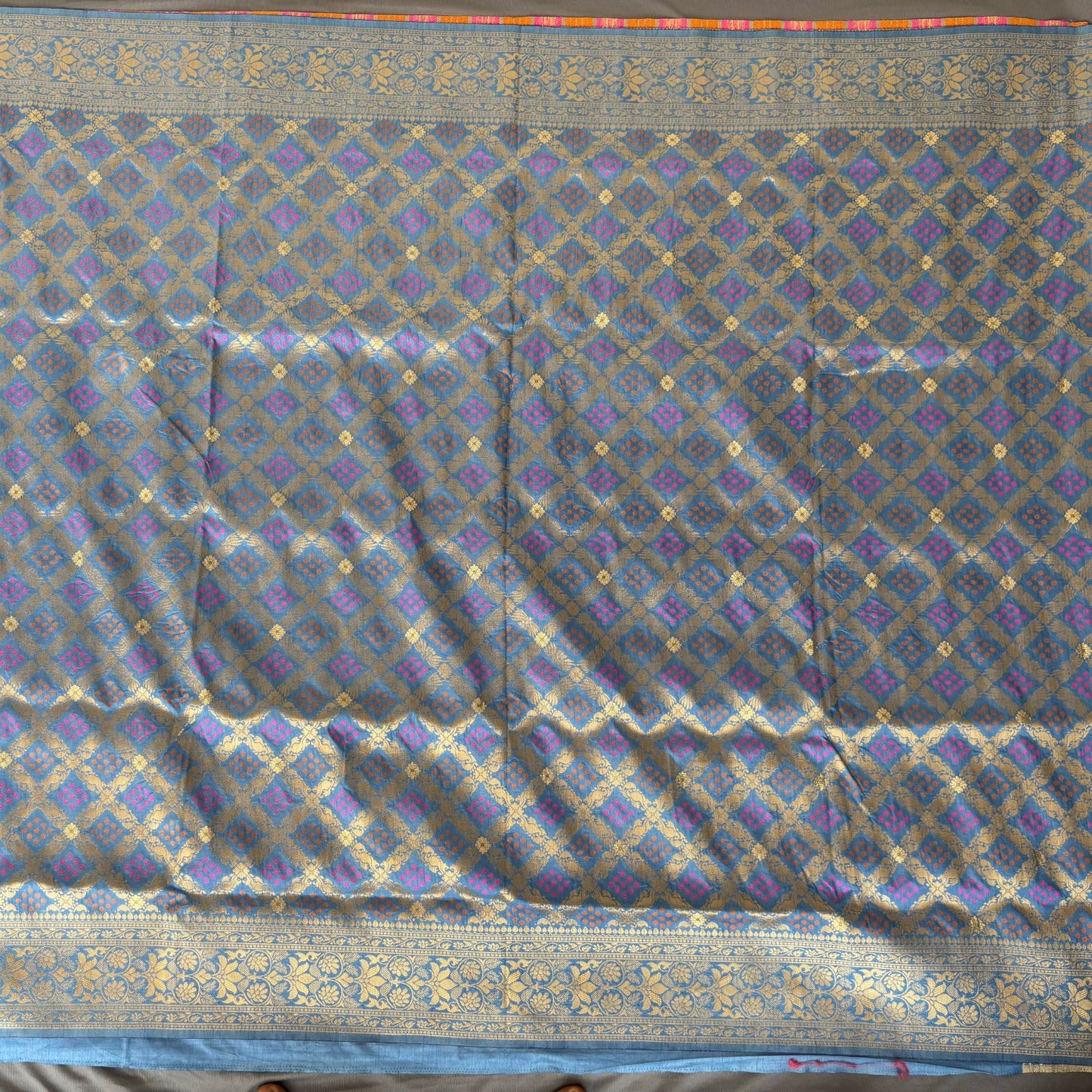 Blue Checked benarasi soft silk saree