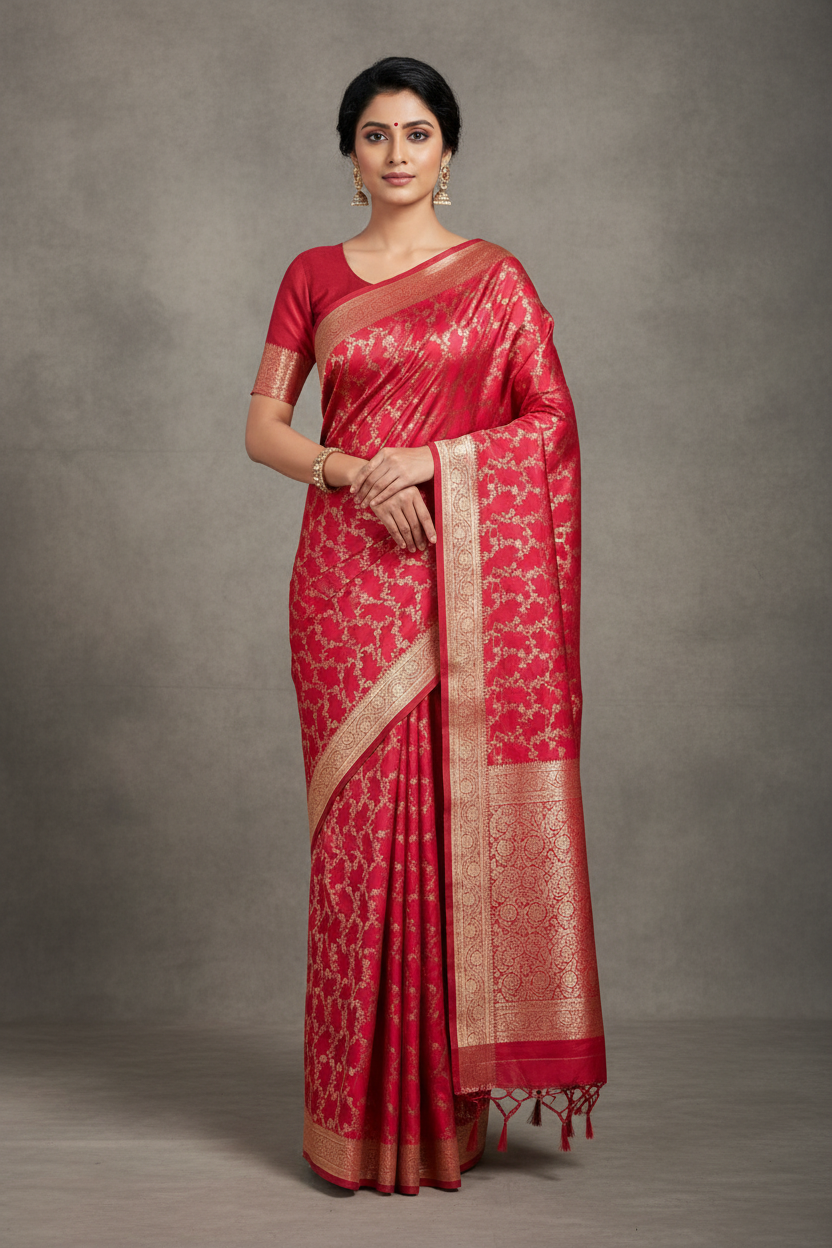 Red Floral Jal Silk Saree