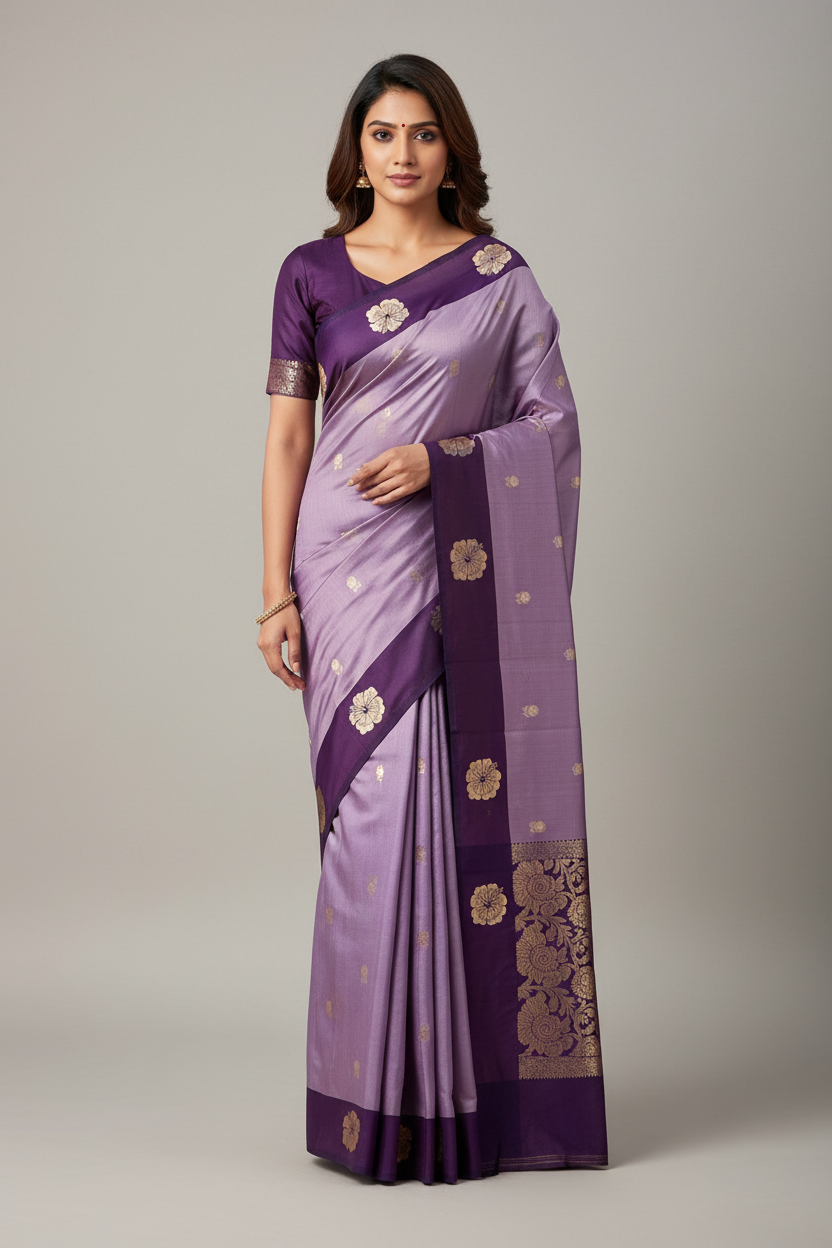 Violet floral Motif Semi Soft Silk Saree