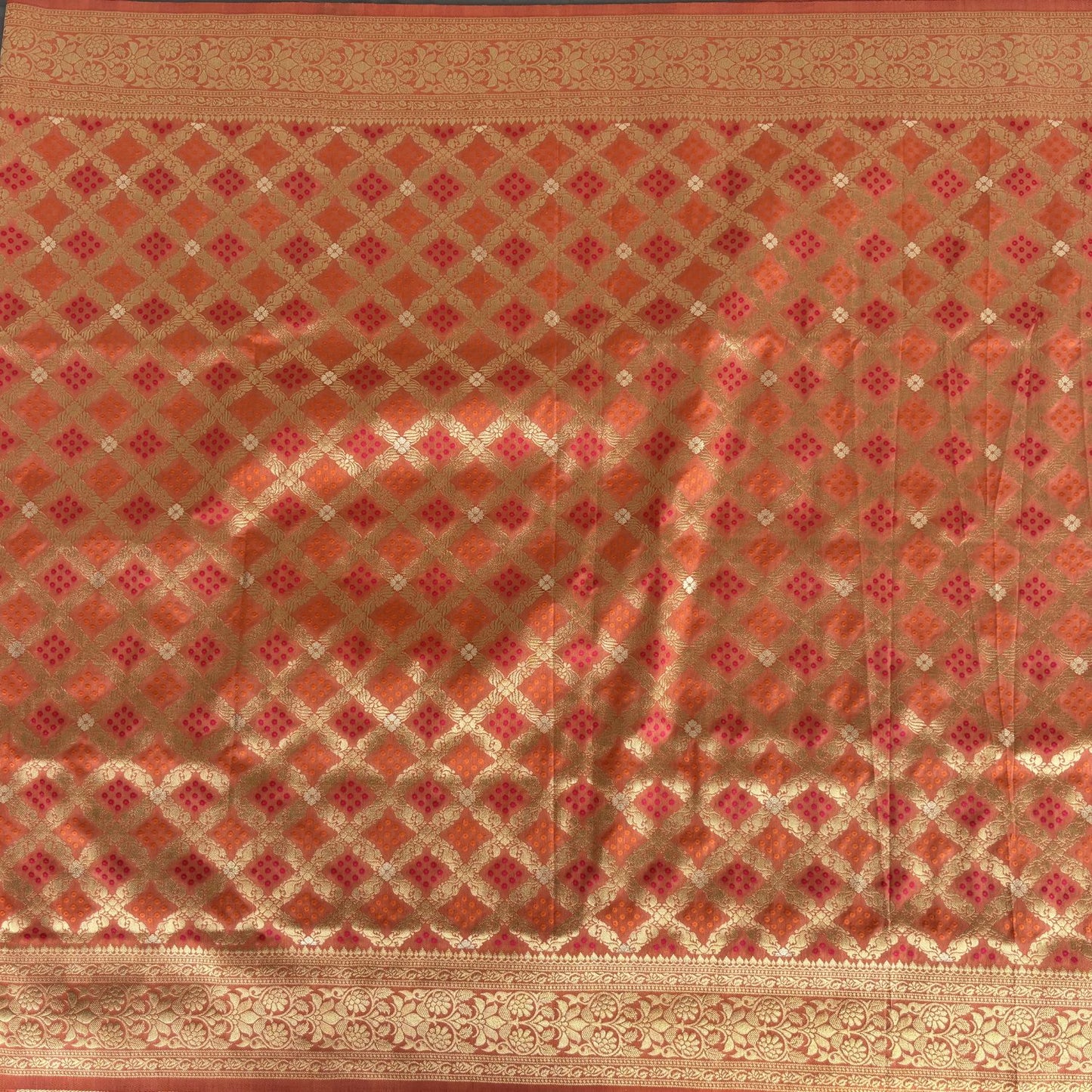 Orange Checked benarasi soft silk saree