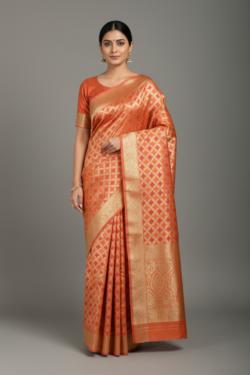 Orange Checked benarasi soft silk saree