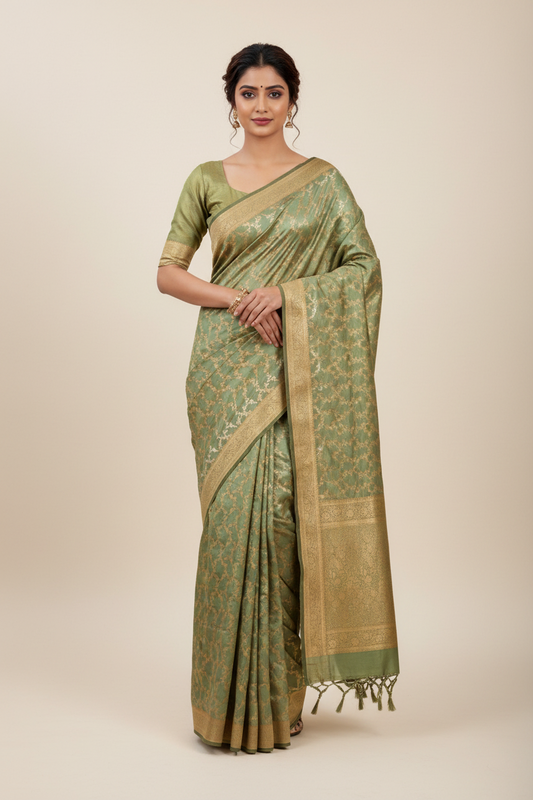 Green Rich Sheen Floral jal Silk Saree
