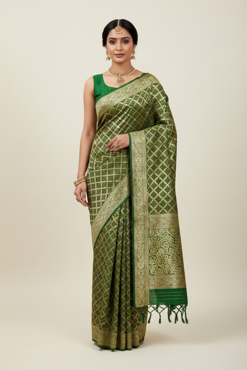 Green Checked benarasi soft silk saree