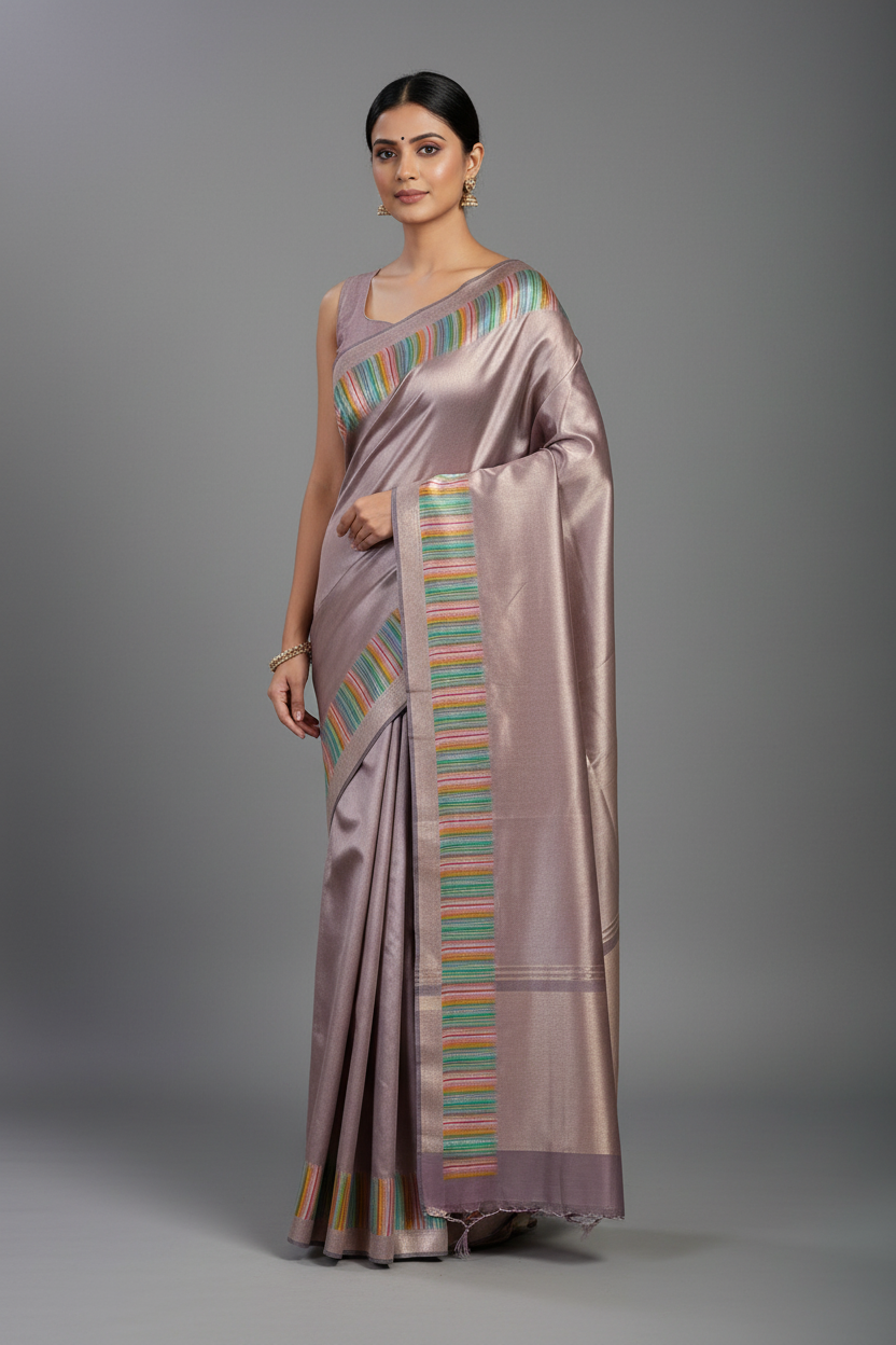Lilac with Rainbow border  Kanjeevaram Silk Saree