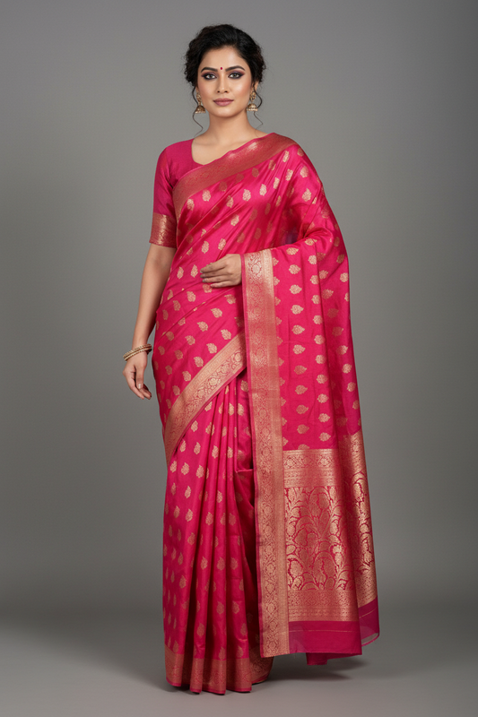Pink ethnic Leaf motif Soft Silk Saree