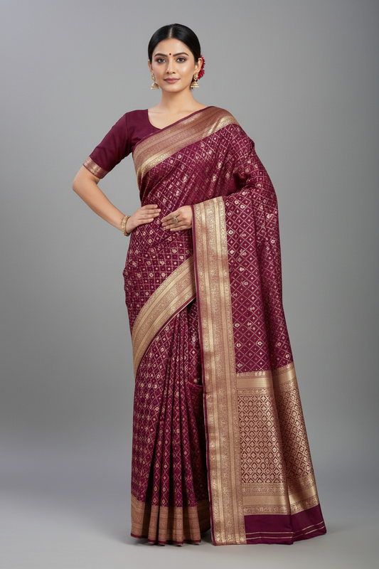 Dark Purple Checks Soft Silk Saree