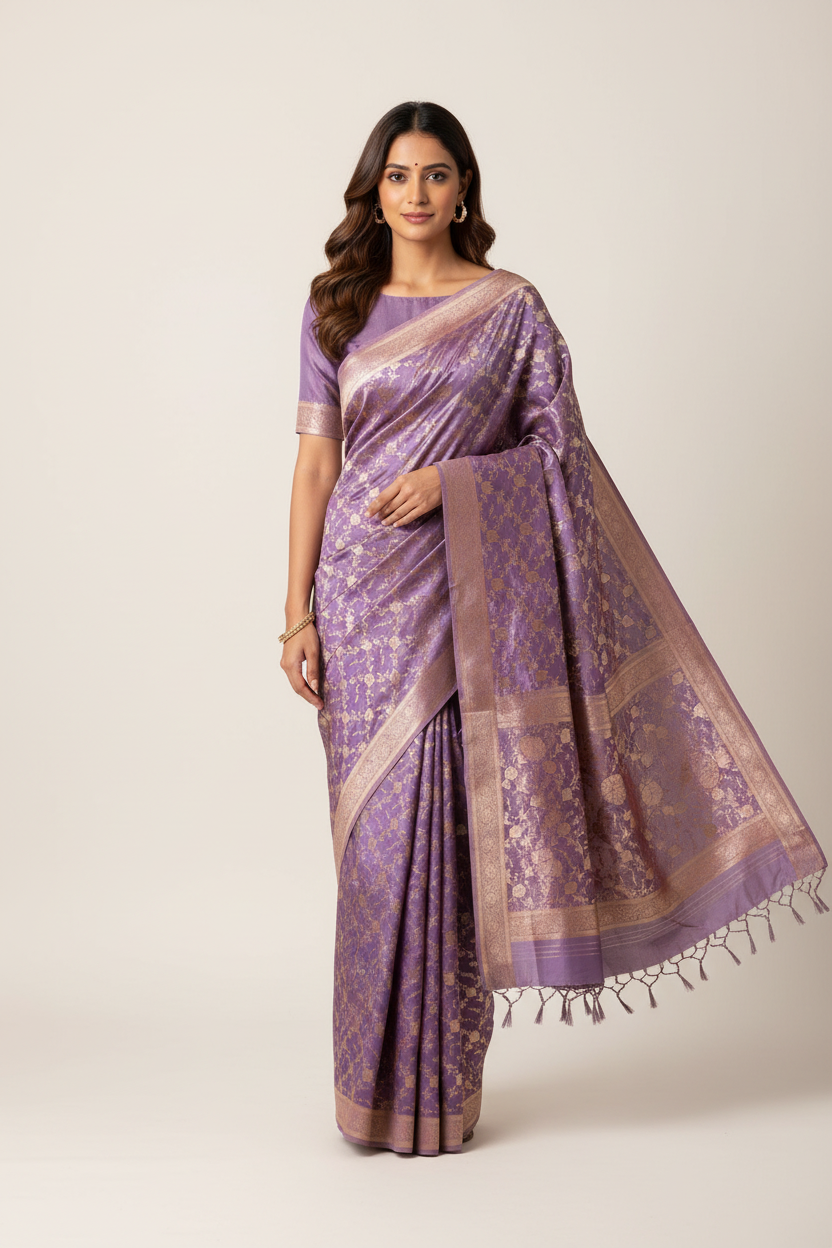 Lilac Rich Sheen Big Floral jal Silk Saree