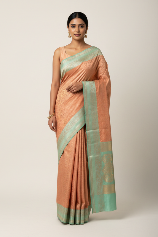 Onion Brown and Pista Green floral jal Soft Silk Saree