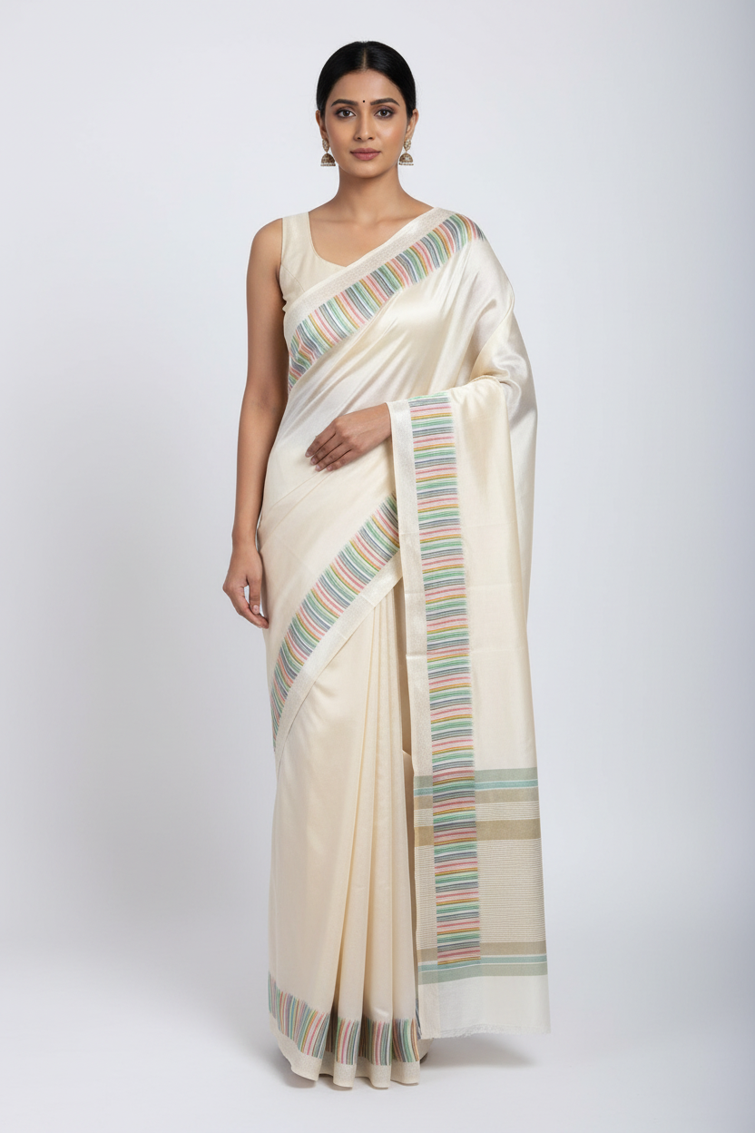 Ivory with Rainbow border  Kanjeevaram Silk Saree