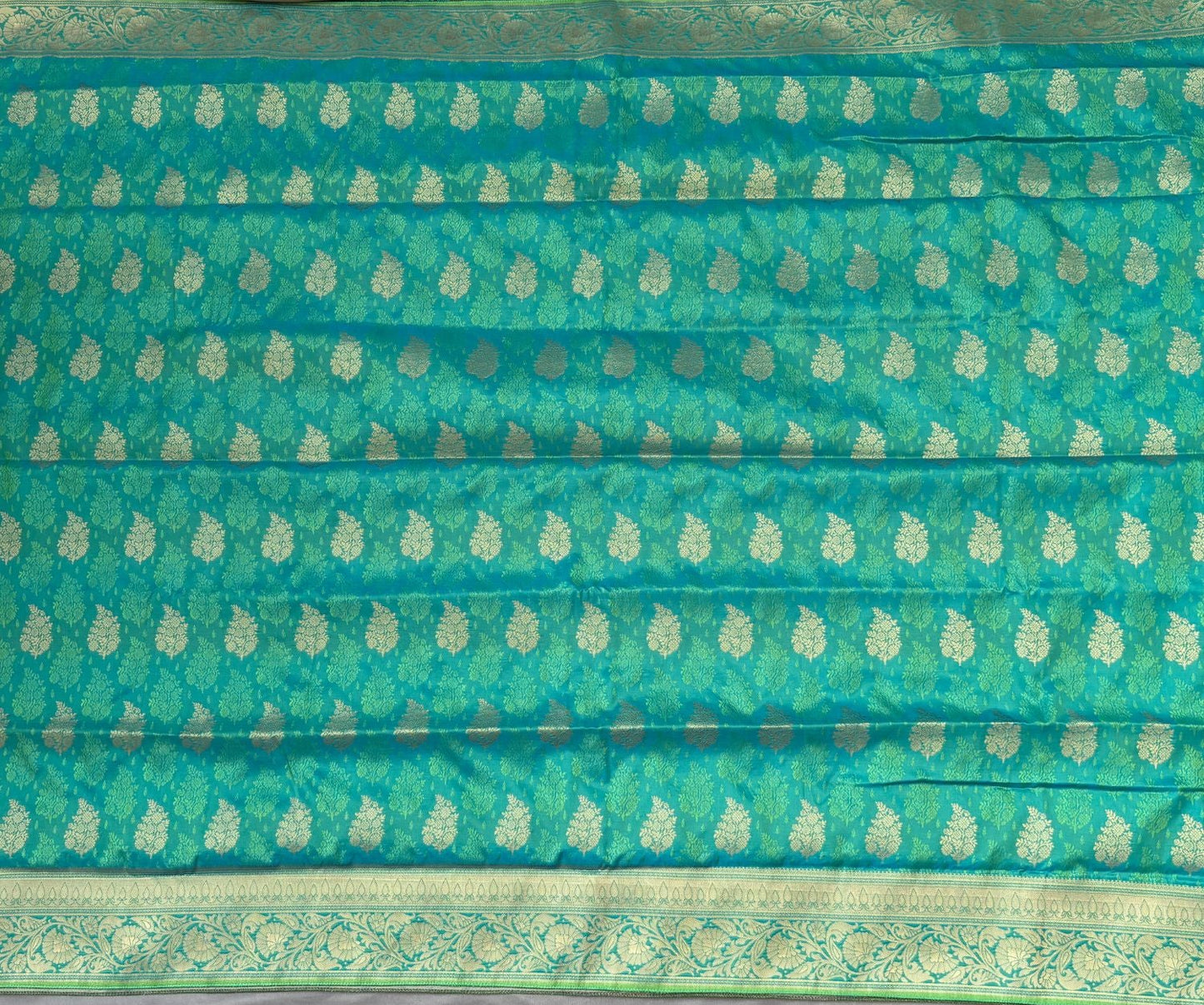 Blue- Green ethnic Leaf motif Soft Silk Saree