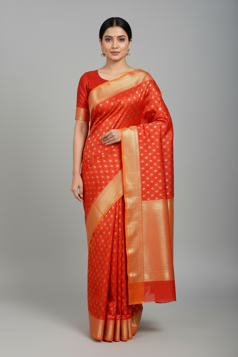 Orange small ethnic motif Soft Silk  Saree