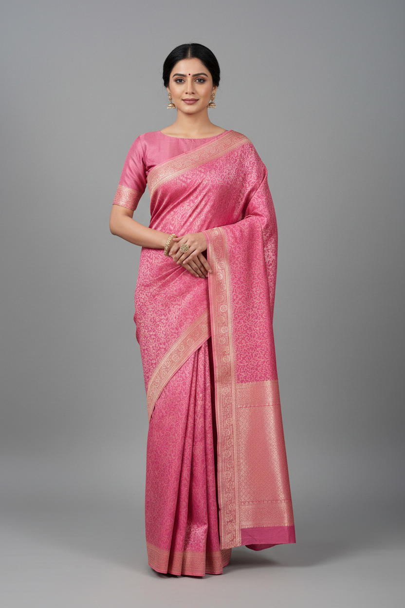 Pink floral jal Soft Silk Saree