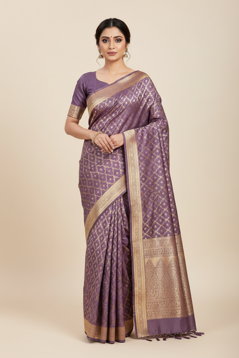 Lavender Rich Sheen Checks Floral jal Silk Saree