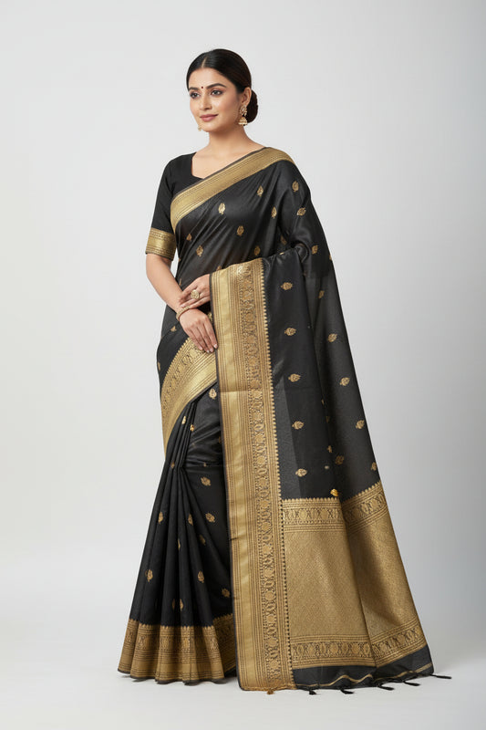 Black bird motif Silk Saree