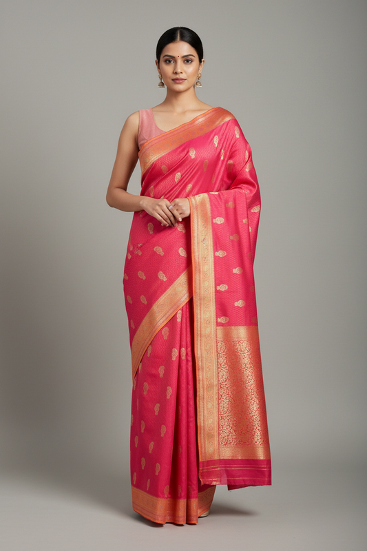 Pink ethnic motif Soft Silk Saree