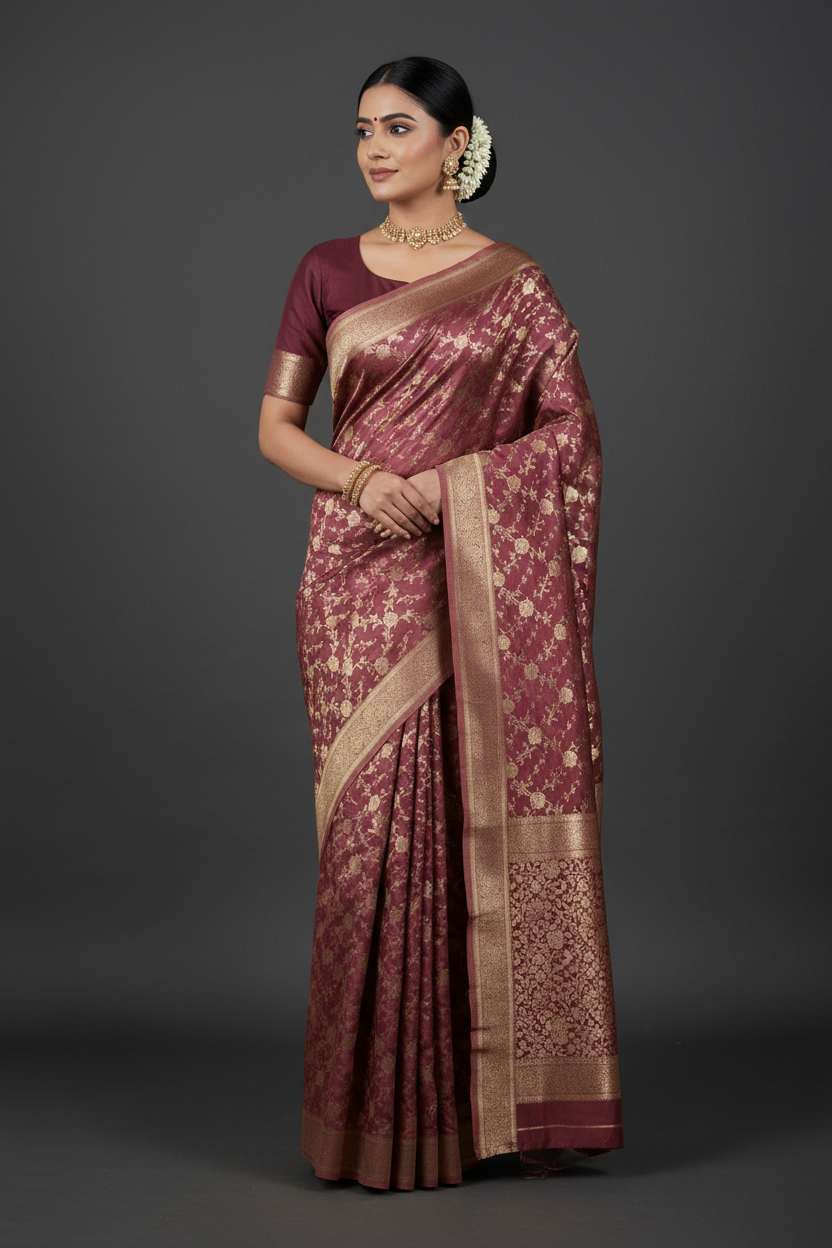 Onion Brown Rich Sheen Bold Floral jal Silk Saree
