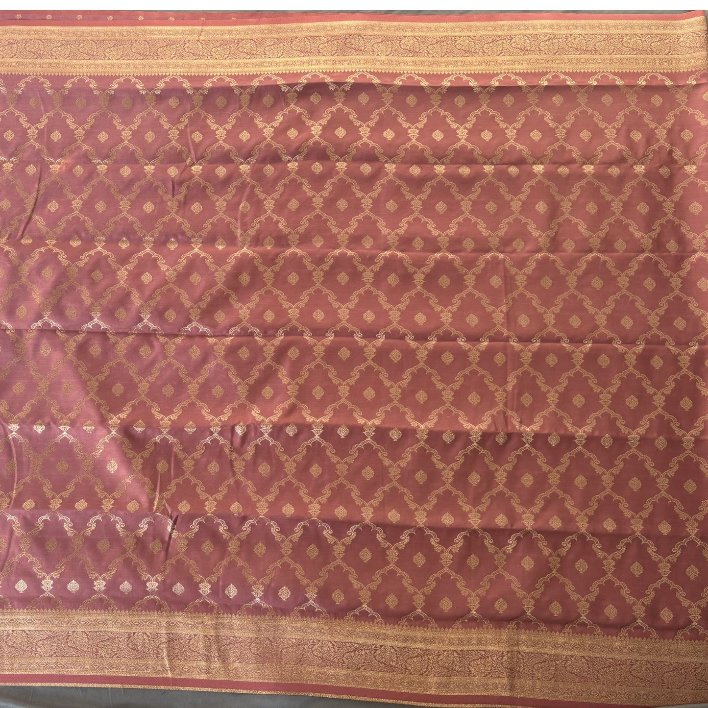 Onion Brown Rich Sheen Checks Floral jal Silk Saree