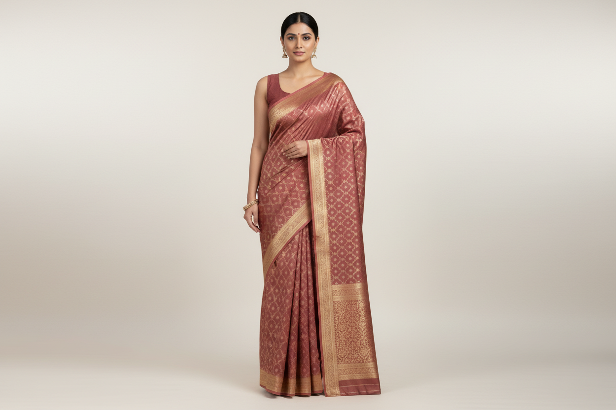 Onion Brown Rich Sheen Checks Floral jal Silk Saree