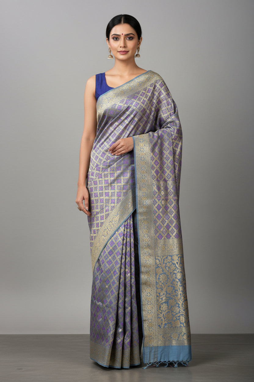 Blue Checked benarasi soft silk saree