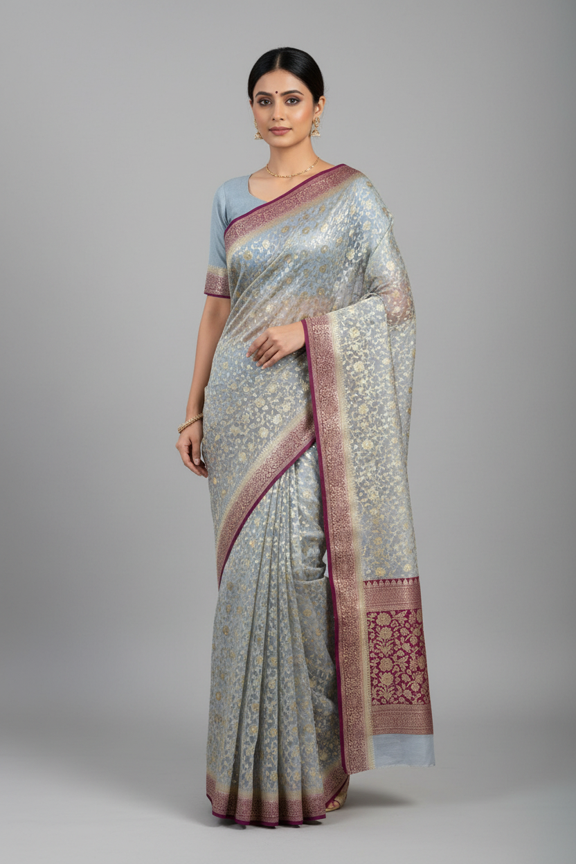 Grey benarasi soft silk saree