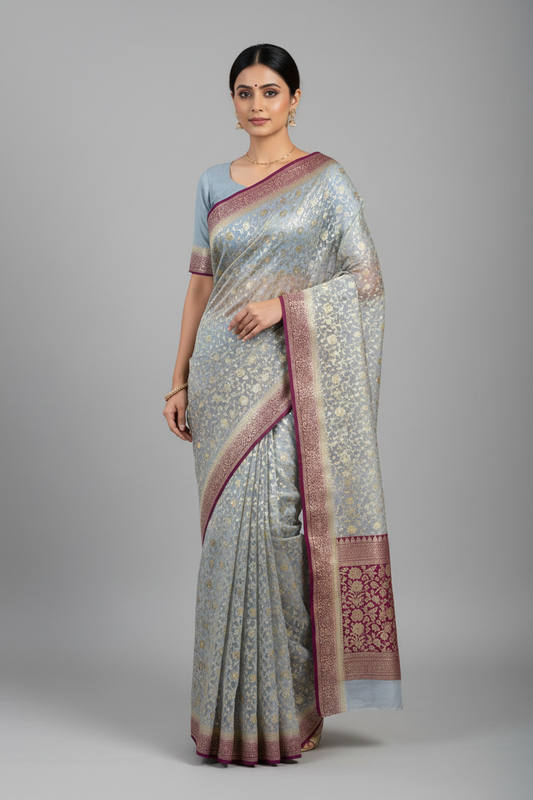 Grey benarasi soft silk saree
