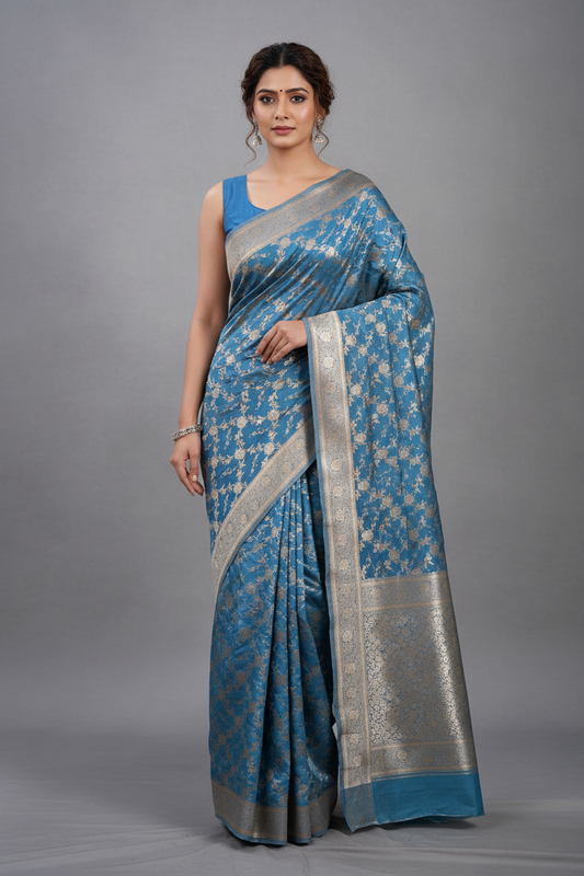 Sky Blue Rich Sheen Big floral jal Silk Saree
