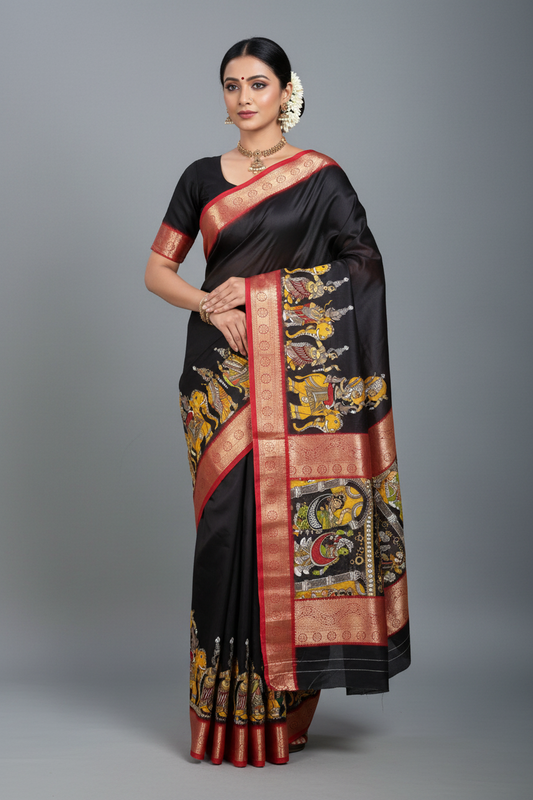 Black Kalamkari Dola Silk Saree