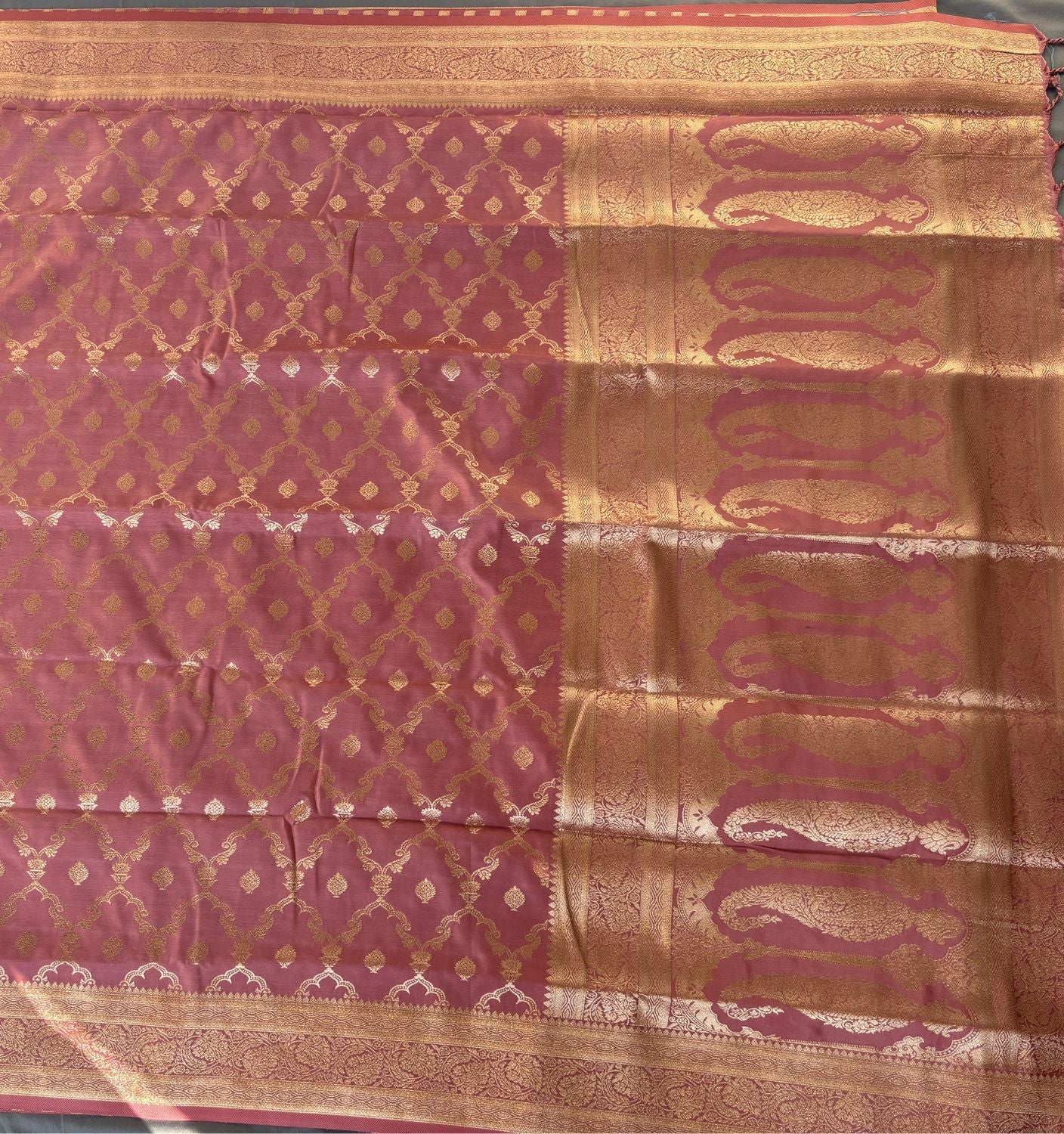 Onion Brown Rich Sheen Checks Floral jal Silk Saree