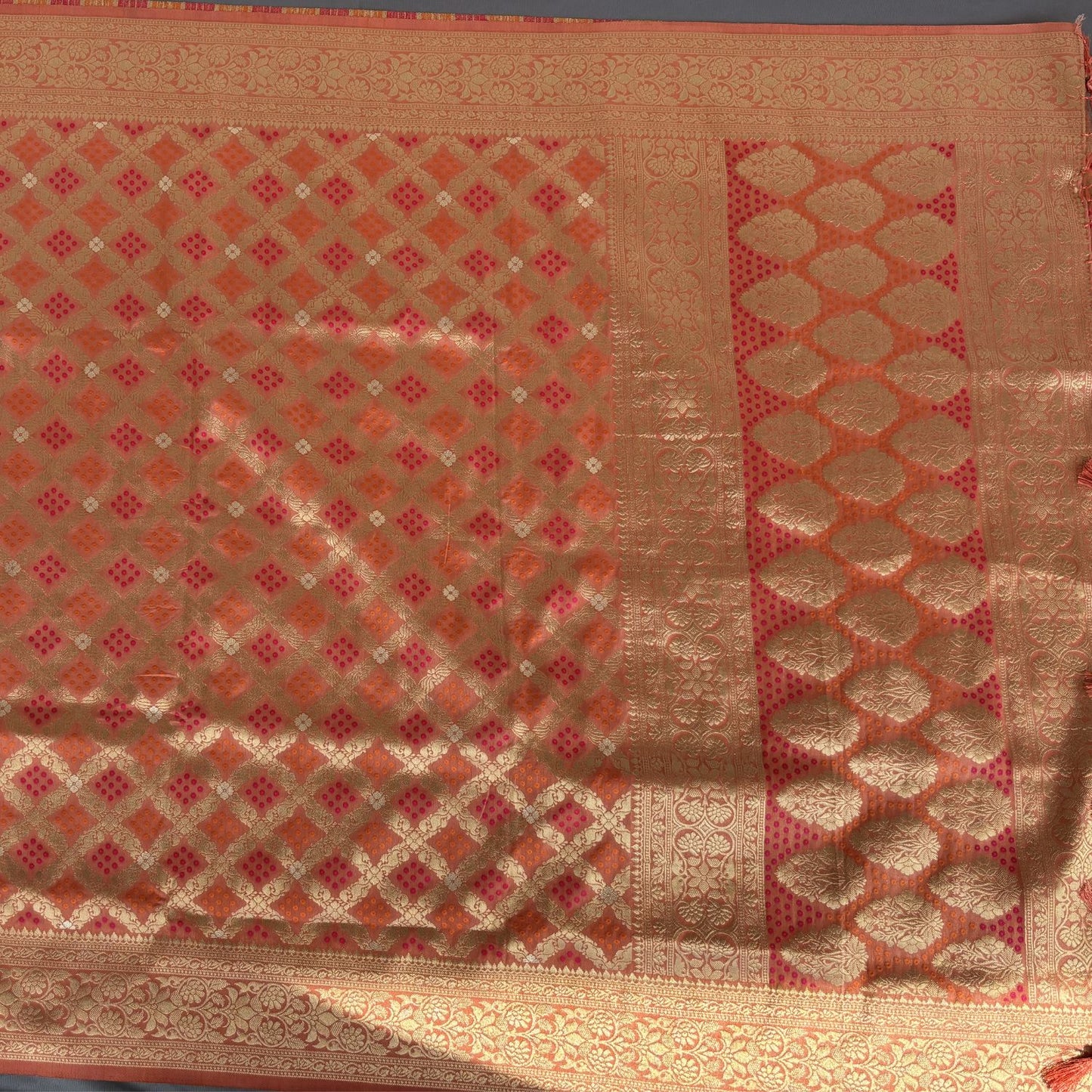 Orange Checked benarasi soft silk saree