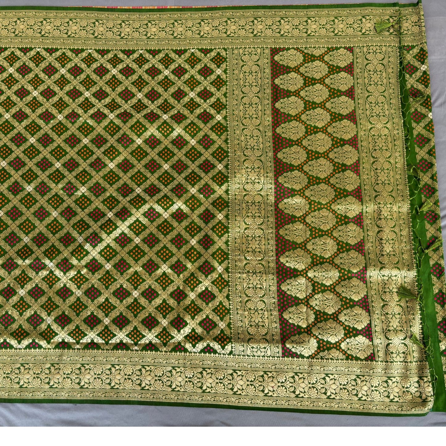 Green Checked benarasi soft silk saree